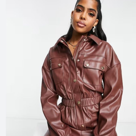 ASOS/ MISS SELFRIDGE FAUX LEATHER SHIRRED WAIST JUMPSUIT CHOCOLATE SZ 10 NWT - Picture 2 of 2